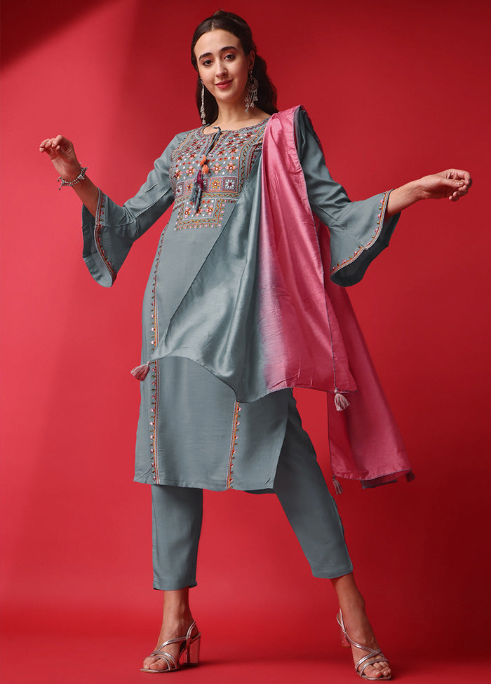 3 Pc Grey Readymade Viscose Suit Set - Indian Silk House Agencies