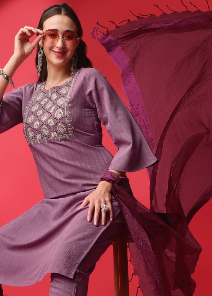 3 Pc Purple Readymade Silk Suit Set - Indian Silk House Agencies