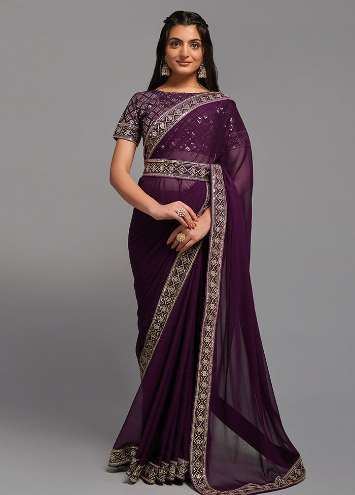 Wine Chiffon Silk Saree With Blouse Piece - Indian Silk House Agencies