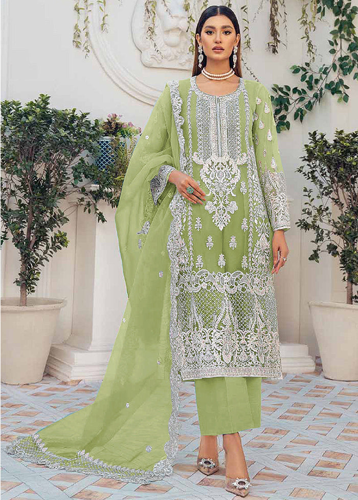 3 Pc Green Unstitched Net Suit Set - Indian Silk House Agencies