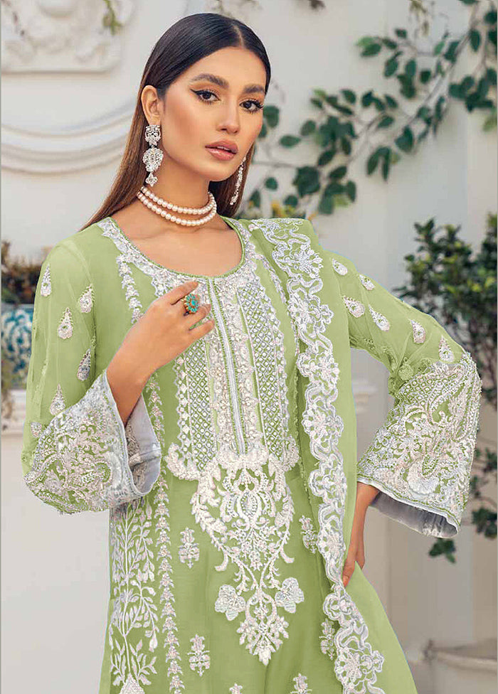 3 Pc Green Unstitched Net Suit Set - Indian Silk House Agencies