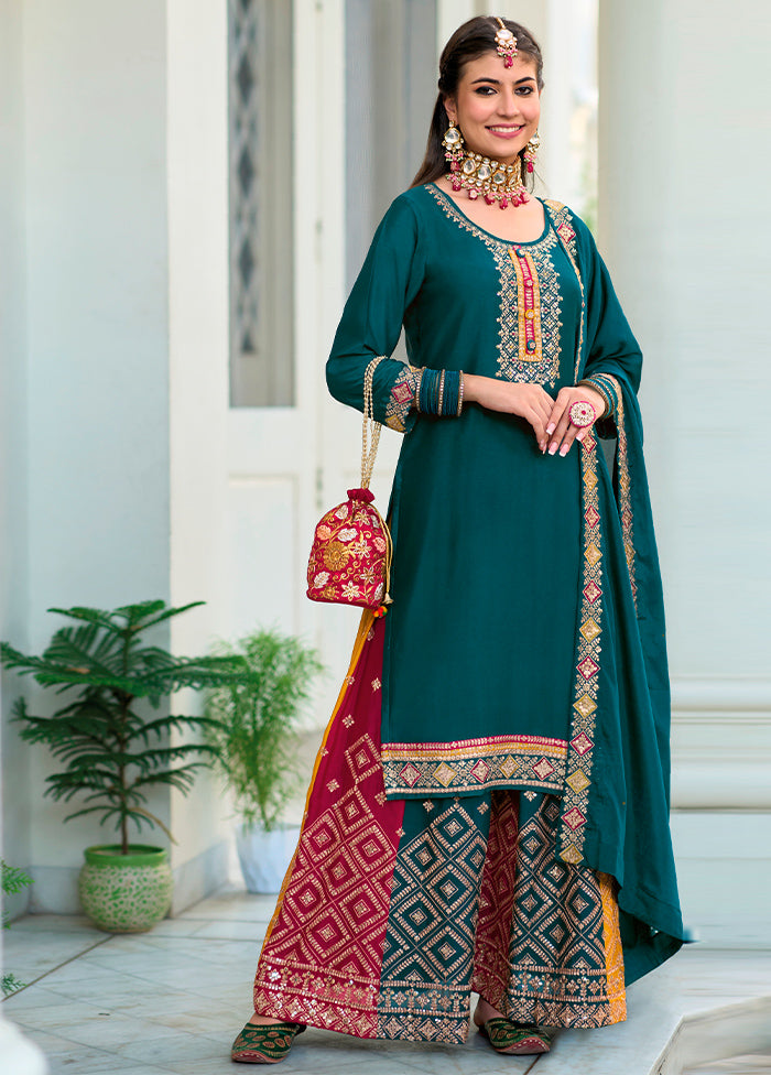 3 Pc Aqua Unstitched Georgette Suit Set - Indian Silk House Agencies