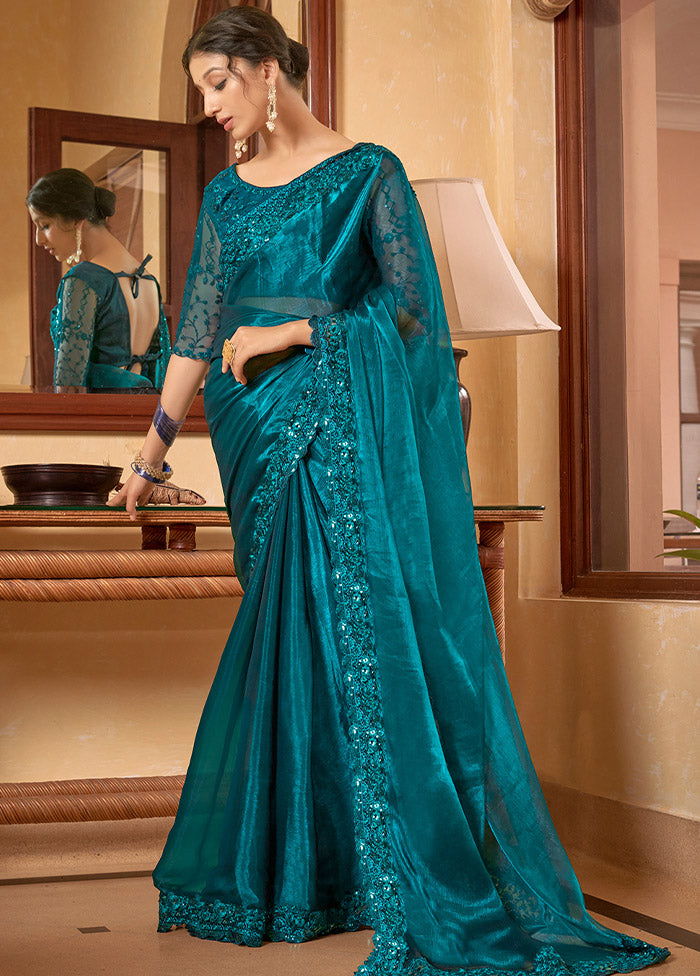 Teal Chiffon Silk Saree With Blouse Piece - Indian Silk House Agencies