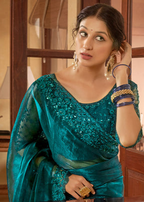 Teal Chiffon Silk Saree With Blouse Piece - Indian Silk House Agencies