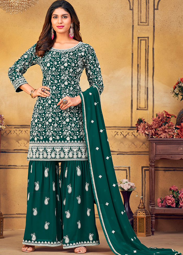 3 Pc Green Unstitched Georgette Suit Set - Indian Silk House Agencies