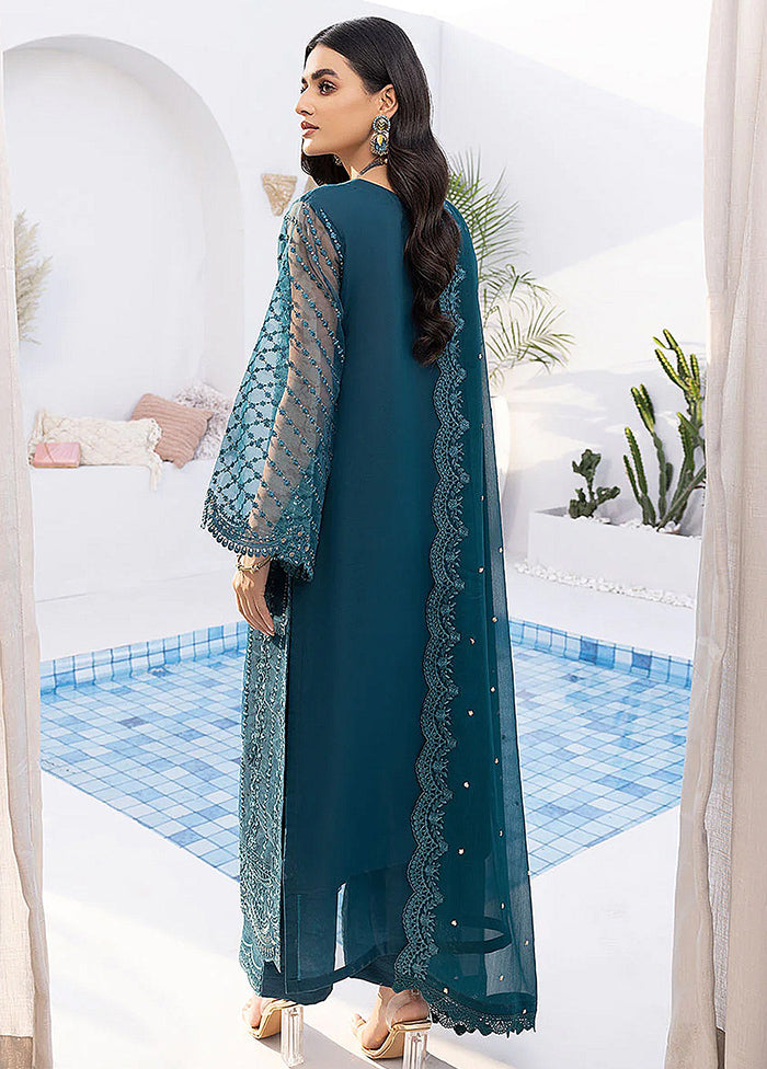 3 Pc Aqua Unstitched Net Suit Set - Indian Silk House Agencies