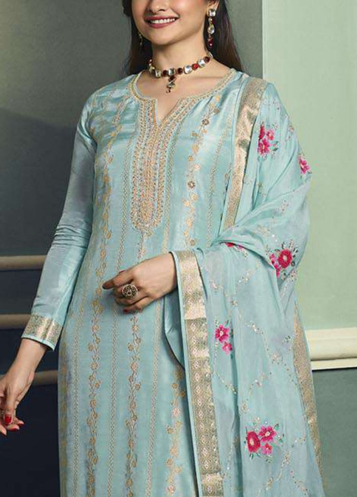 3 Pc Sky Blue Unstitched Viscose Suit Set - Indian Silk House Agencies