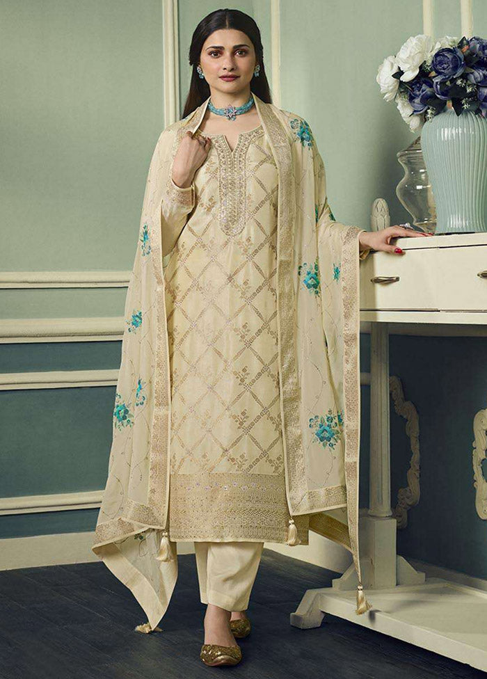3 Pc Beige Unstitched Viscose Suit Set - Indian Silk House Agencies