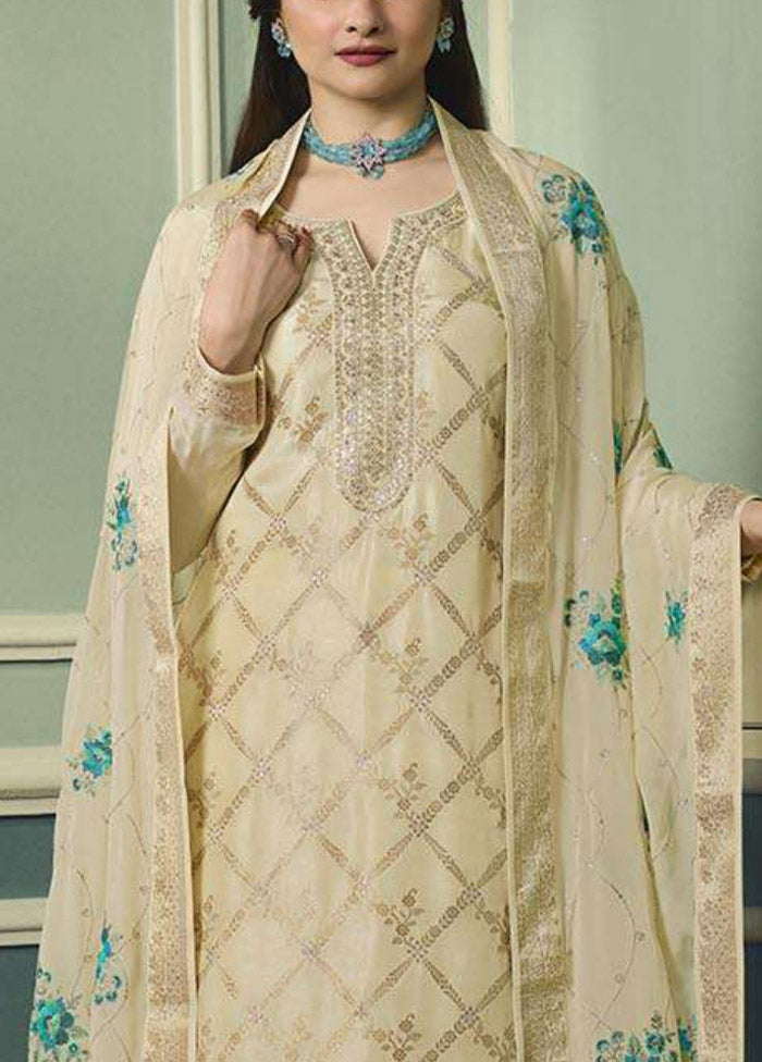 3 Pc Beige Unstitched Viscose Suit Set - Indian Silk House Agencies