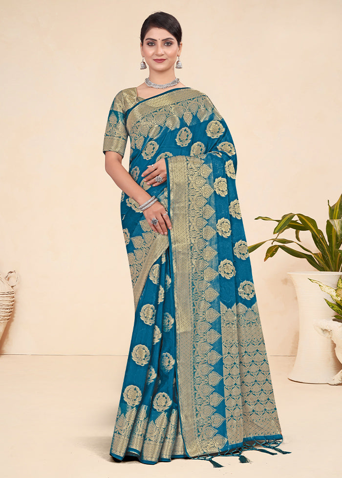 Teal Blue Spun Silk Saree With Blouse Piece - Indian Silk House Agencies