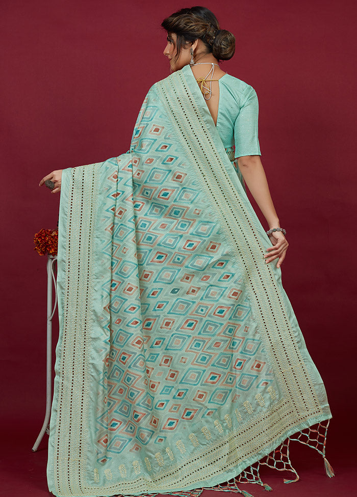 Aqua Cotton Saree With Blouse Piece - Indian Silk House Agencies