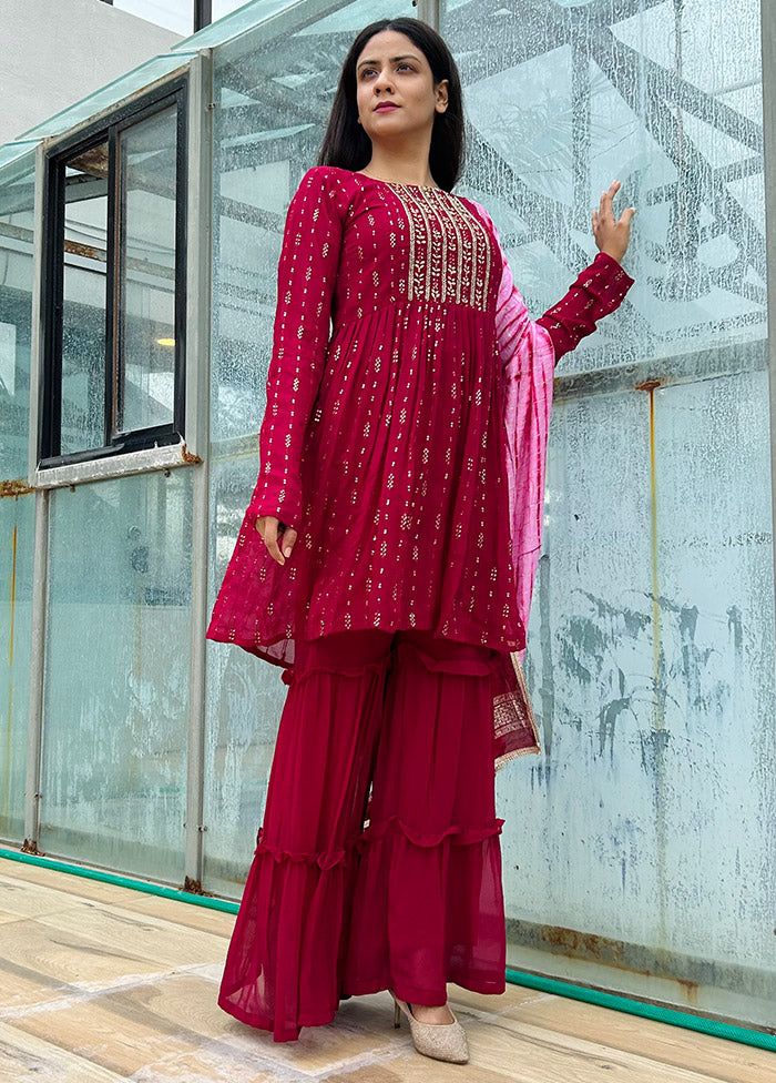 3 Pc Maroon Readymade Georgette Suit Set - Indian Silk House Agencies