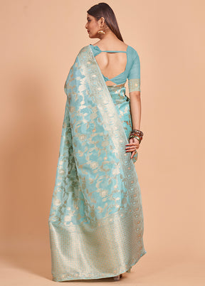 Blue Organza Saree With Blouse Piece - Indian Silk House Agencies