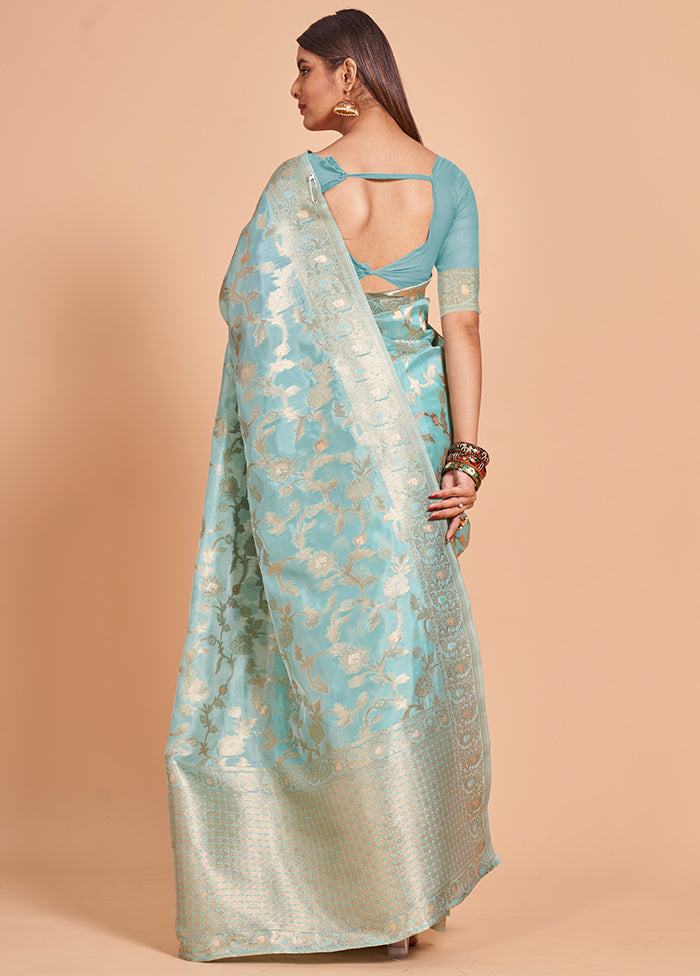 Blue Organza Saree With Blouse Piece - Indian Silk House Agencies