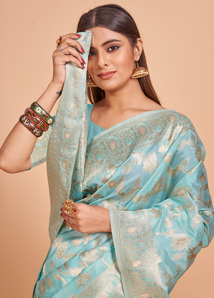 Blue Organza Saree With Blouse Piece - Indian Silk House Agencies