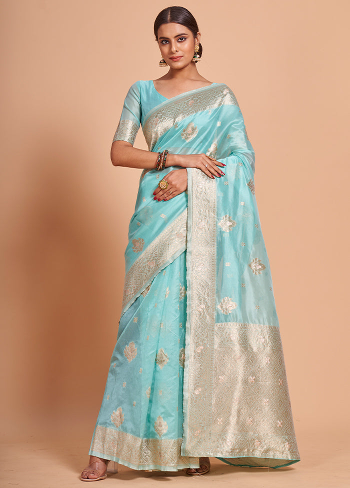 Blue Organza Saree With Blouse Piece - Indian Silk House Agencies