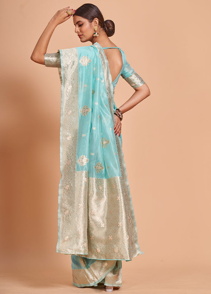 Blue Organza Saree With Blouse Piece - Indian Silk House Agencies