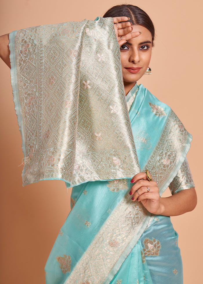 Blue Organza Saree With Blouse Piece - Indian Silk House Agencies