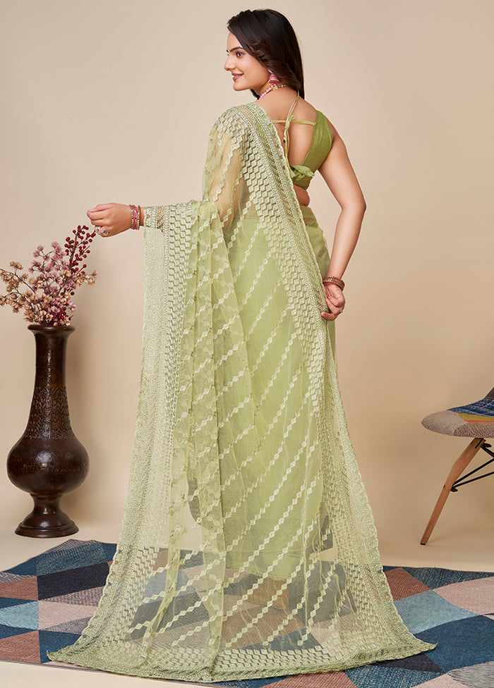 Pista Green Net Saree With Blouse Piece - Indian Silk House Agencies