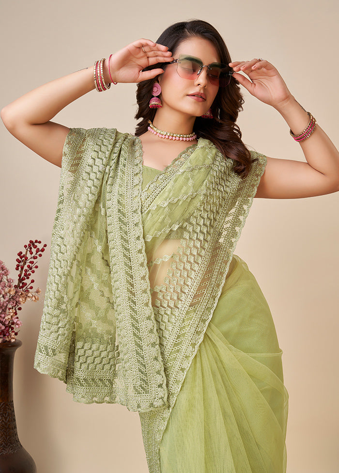 Pista Green Net Saree With Blouse Piece - Indian Silk House Agencies