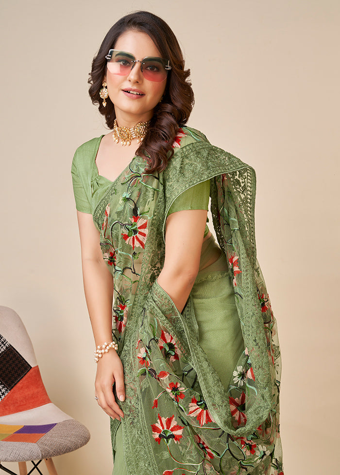 Green Net Saree With Blouse Piece - Indian Silk House Agencies