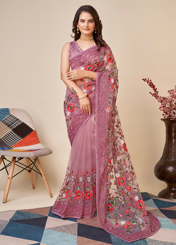 Coral Net Saree With Blouse Piece - Indian Silk House Agencies
