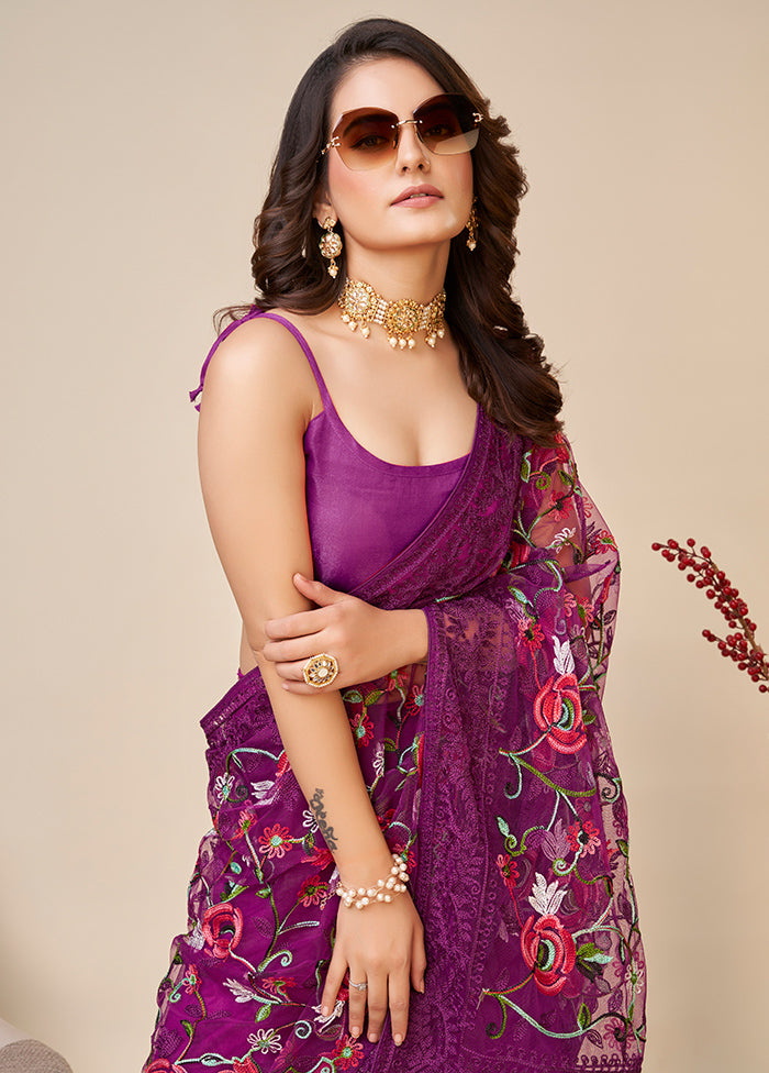 Purple Net Saree With Blouse Piece - Indian Silk House Agencies