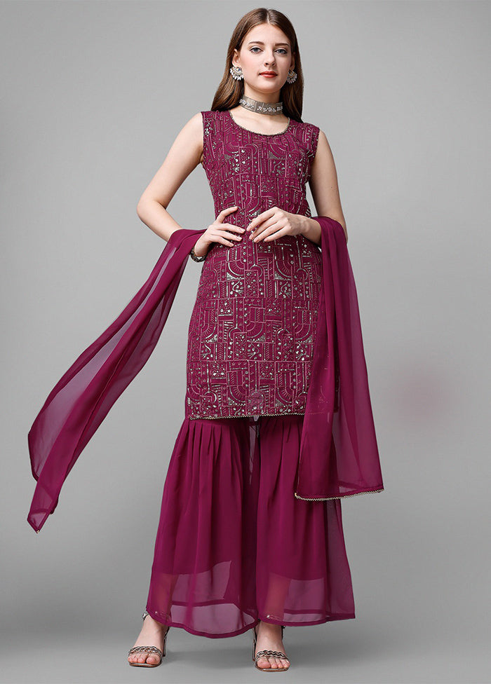 3 Pc Wine Readymade Georgette Suit Set - Indian Silk House Agencies