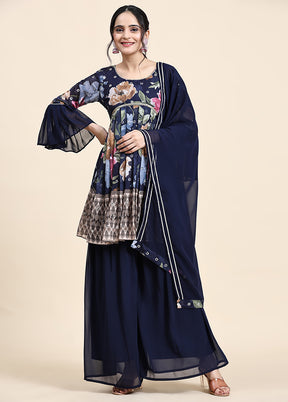 3 Pc Navy Blue Readymade Georgette Suit Set - Indian Silk House Agencies