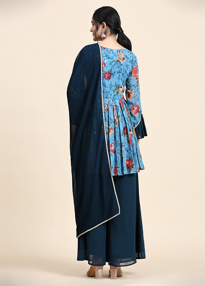 3 Pc Blue Readymade Georgette Suit Set - Indian Silk House Agencies