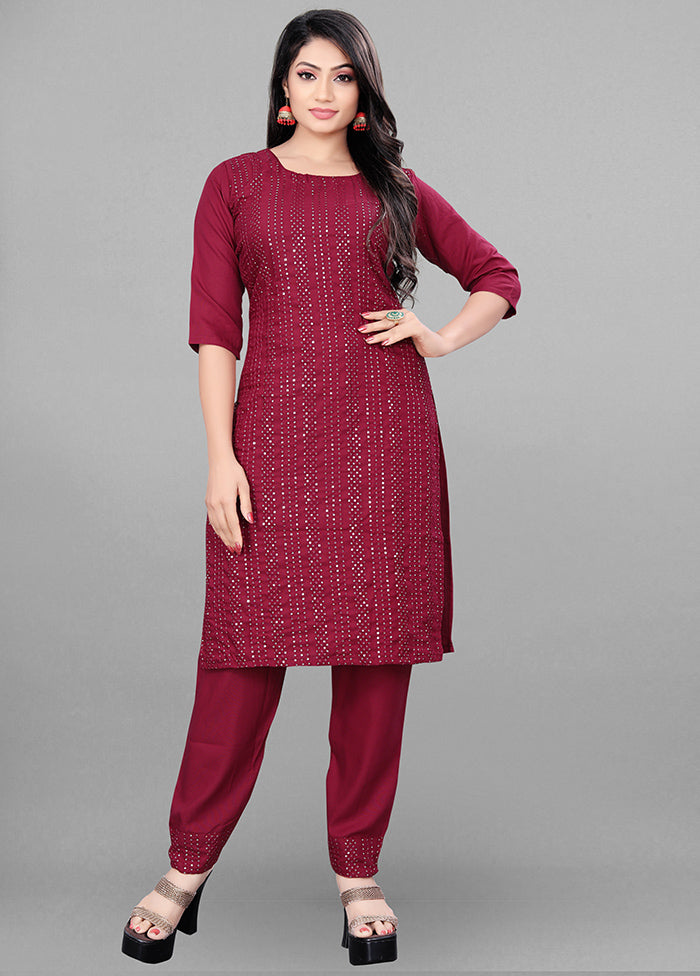 3 Pc Maroon Readymade Rayon Suit Set - Indian Silk House Agencies