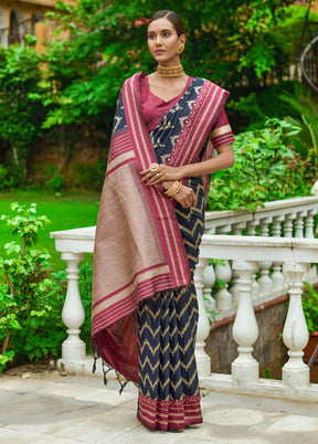 Navy Blue Dupion Silk Saree With Blouse Piece - Indian Silk House Agencies