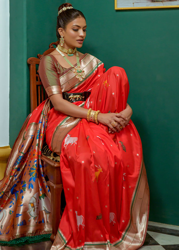 Red Dupion Silk Saree With Blouse Piece - Indian Silk House Agencies