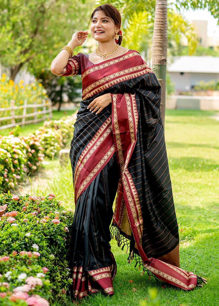 Black Spun Silk Saree With Blouse Piece - Indian Silk House Agencies