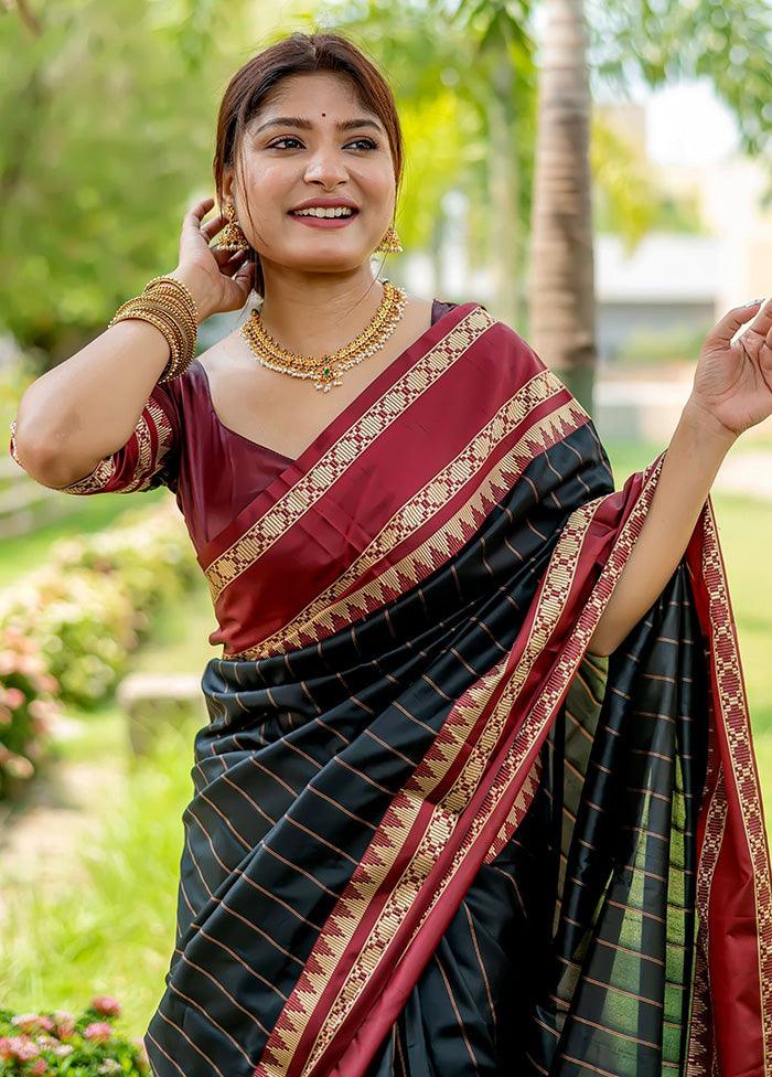 Black Spun Silk Saree With Blouse Piece - Indian Silk House Agencies