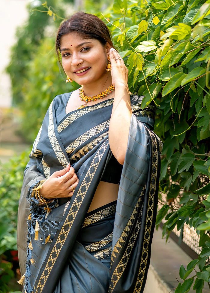 Grey Spun Silk Saree With Blouse Piece - Indian Silk House Agencies