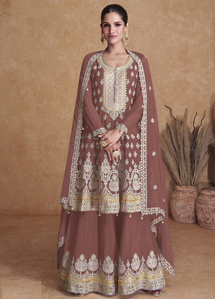 3 Pc Brown Unstitched Georgette Suit Set - Indian Silk House Agencies