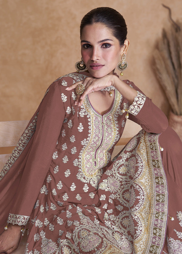 3 Pc Brown Unstitched Georgette Suit Set - Indian Silk House Agencies