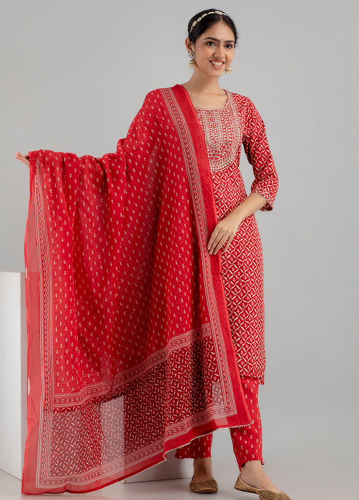 3 Pc Red Readymade Cotton Suit Set - Indian Silk House Agencies