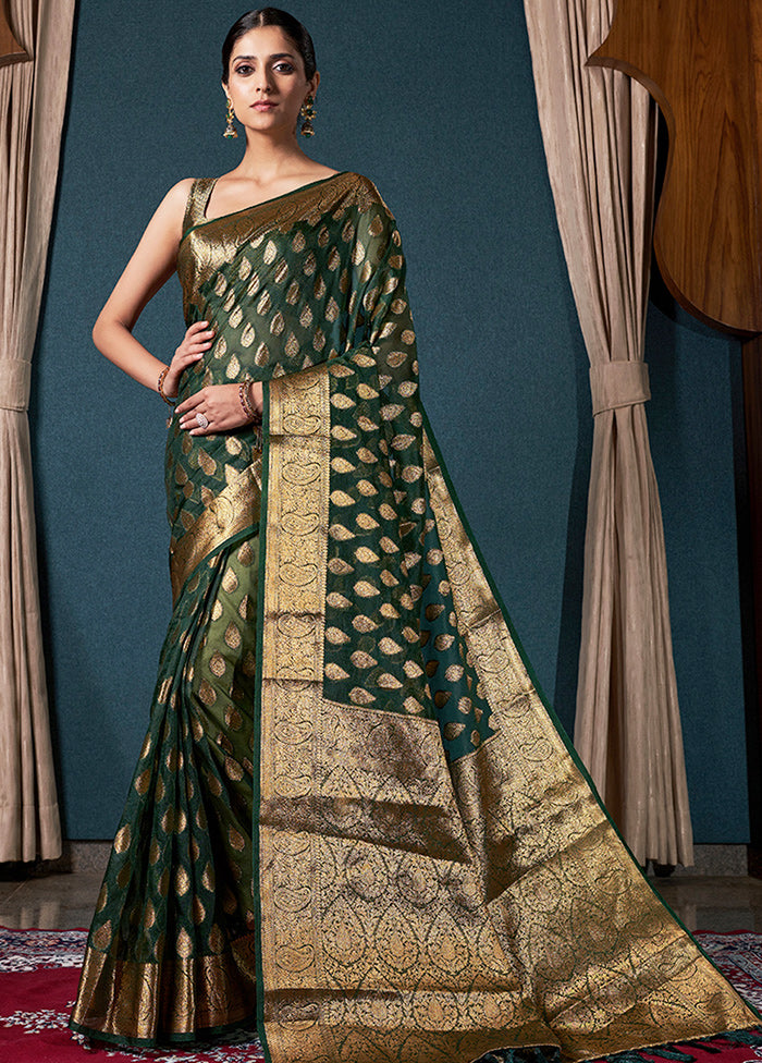 Bottle Green Organza Saree With Blouse Piece - Indian Silk House Agencies