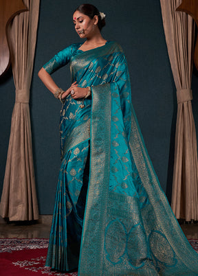 Teal Blue Dupion Silk Saree With Blouse Piece - Indian Silk House Agencies