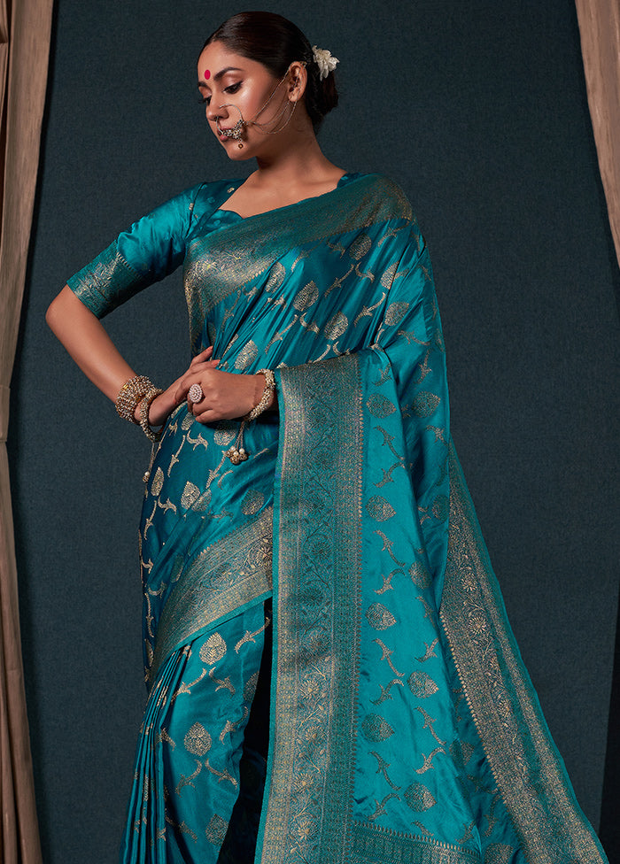 Teal Blue Dupion Silk Saree With Blouse Piece - Indian Silk House Agencies