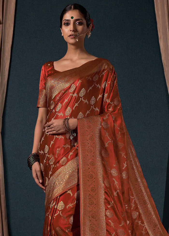 Rust Dupion Silk Saree With Blouse Piece - Indian Silk House Agencies