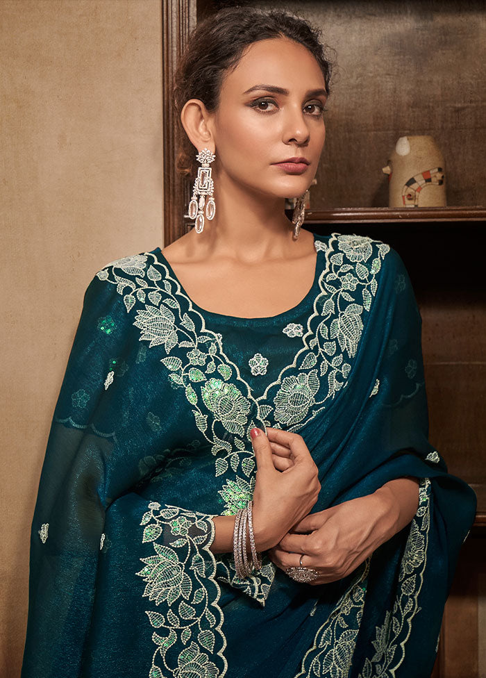 Teal Blue Chiffon Silk Saree With Blouse Piece - Indian Silk House Agencies