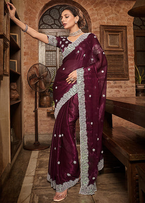 Wine Chiffon Silk Saree With Blouse Piece - Indian Silk House Agencies