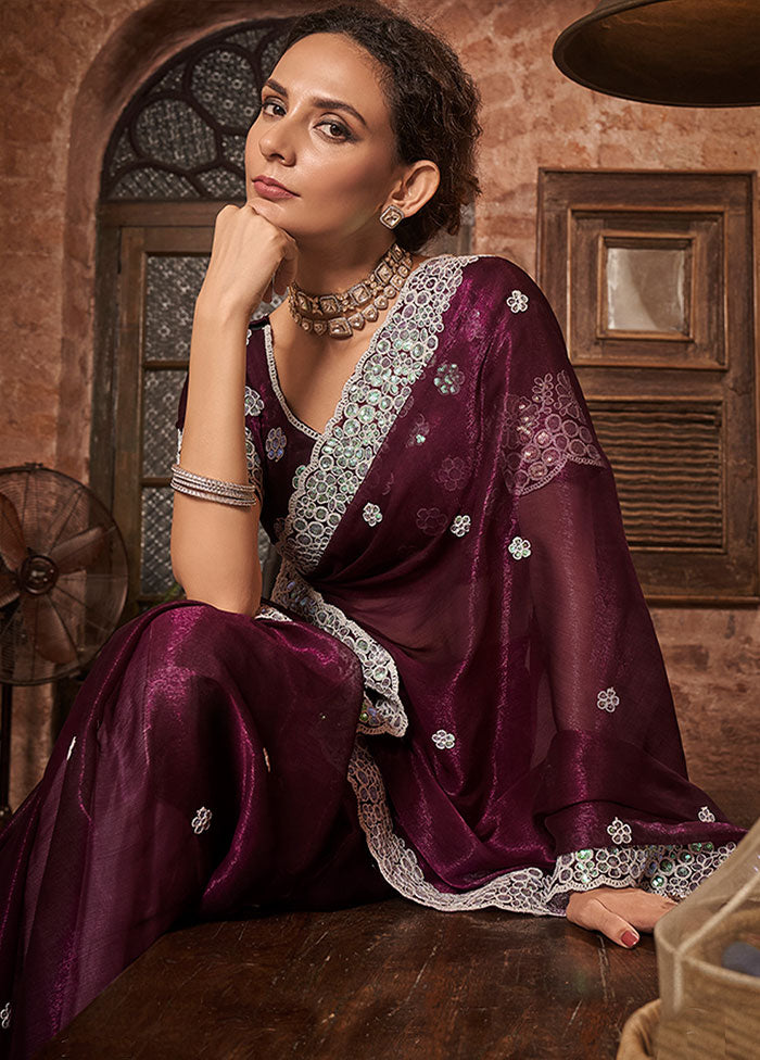 Wine Chiffon Silk Saree With Blouse Piece - Indian Silk House Agencies