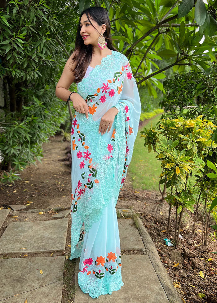 Sky Blue Georgette Saree With Blouse Piece - Indian Silk House Agencies