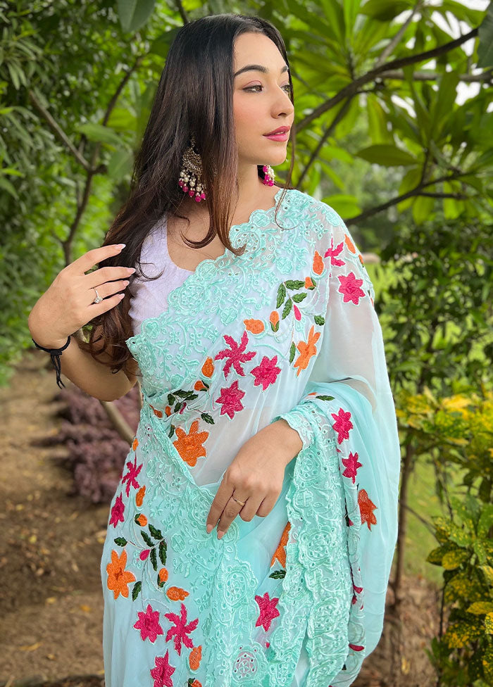 Sky Blue Georgette Saree With Blouse Piece - Indian Silk House Agencies