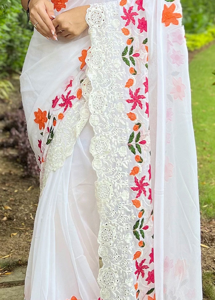 White Georgette Saree With Blouse Piece - Indian Silk House Agencies