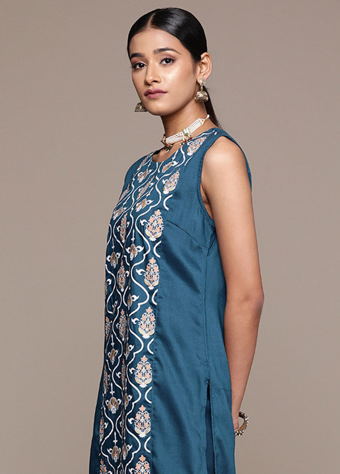 2 Pc Teal Blue Readymade Silk Kurti Set - Indian Silk House Agencies